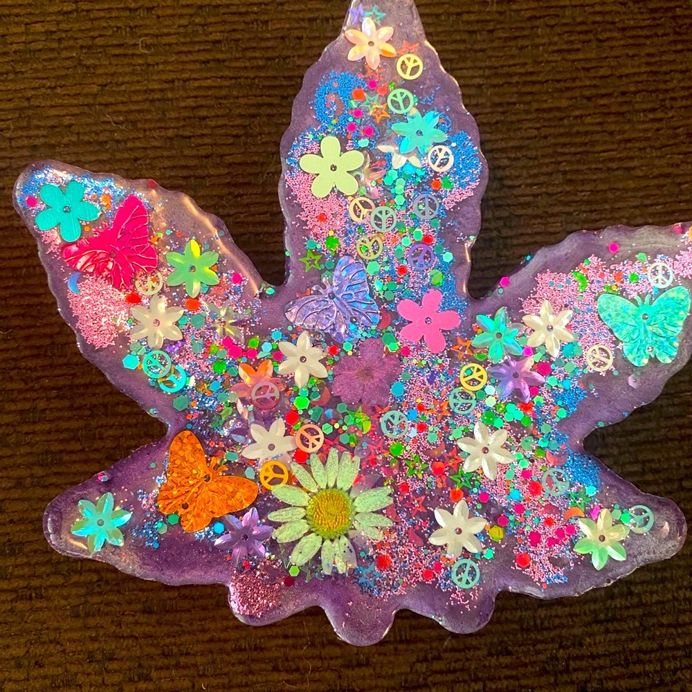 420 ashtray trinket tray holographic iridescent pressed flowers butterfl…